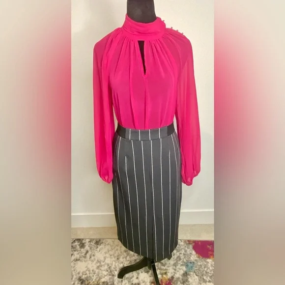 Hot Pink Sheer High-Neck Blouse with Button Detail – Size M - Picture 6 of 6